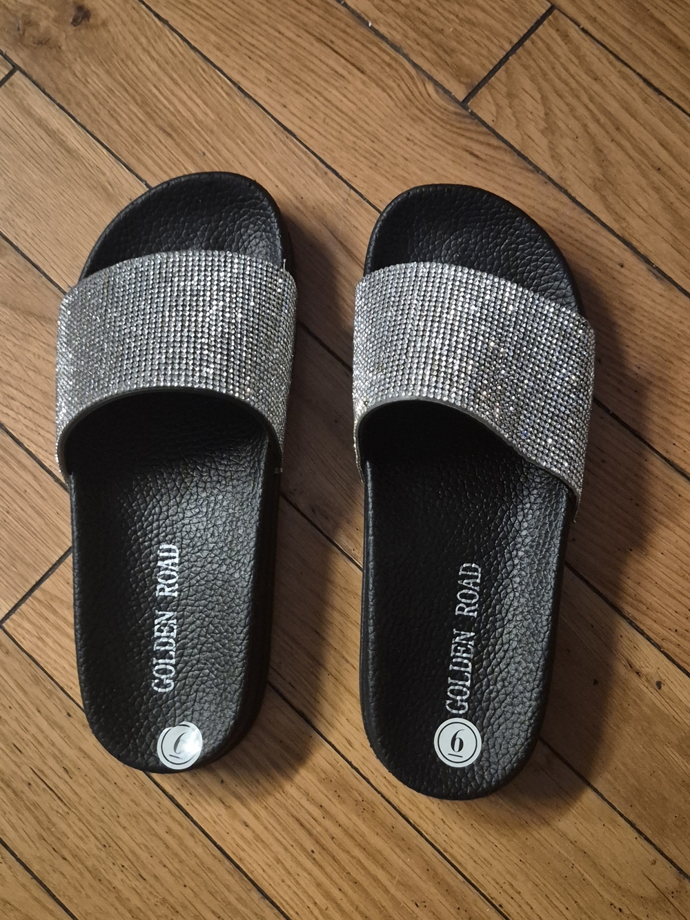 Womens Silver Crystal Slide Sandals
